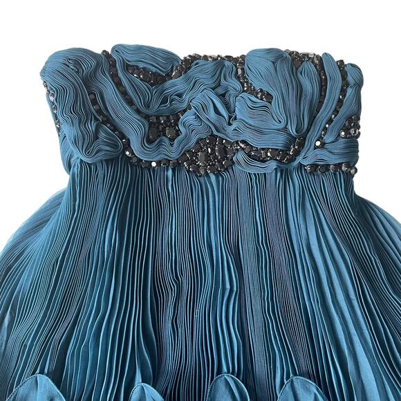 Marchesa Silk Knife Pleated Party Dress Strapless Black Crystals Teal 4 NWT - Picture 11 of 12